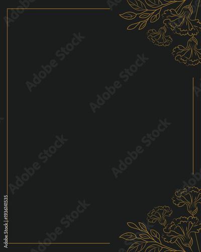 Funeral card, vintage background with golden frame and flowers.