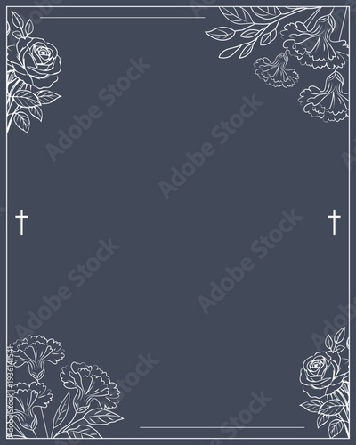 vintage floral frame for funeral card. Church cross, roses and dark background.