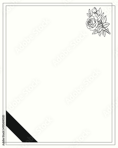 Funeral card with abstract flowers on white background. Black funeral ribbon