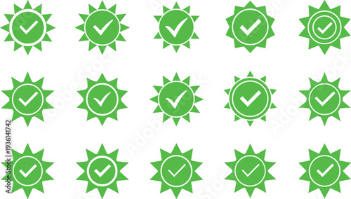 Green Check Mark Badge Icon Set with Verified Quality Approval Seals for Certification, Guarantee Labels, Success Marks, and Trusted Product Design