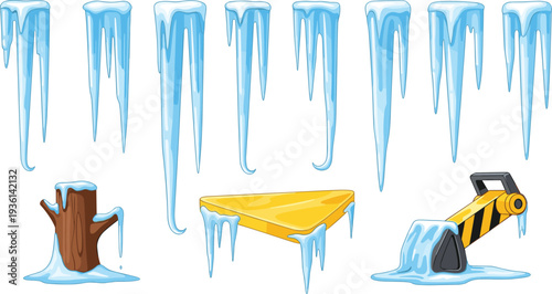 Ice icicles collection, frozen drip elements, winter freezing effect set, melting ice decoration, cold weather design, vector illustration isolated