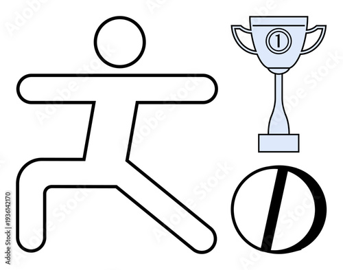 Sports concept. Sports symbols including athlete and trophy highlighting competition and achievement. Sports visuals challenges through prohibition icon. For fitness, training, motivation
