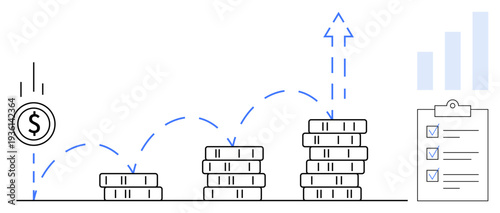 Financial growth. Visual of monetary progress with coin stacks, upward arrow, and checklist. Financial growth for investments, business plans, income strategy, savings, and analytics