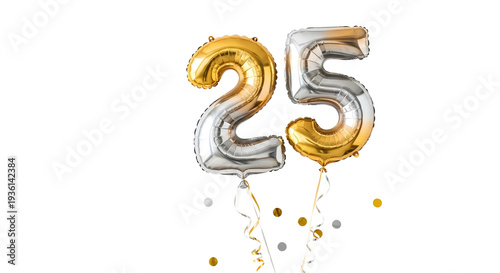 Metallic gold and silver number 25 balloons, shiny foil birthday balloons for 25th anniversary, festive celebration party decor with confetti isolated PNG with Transparent Background