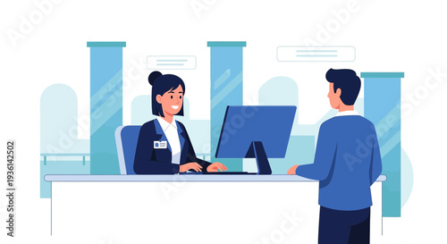 Bank teller assisting customer at counter with computer, modern interior, professional service