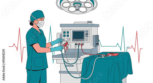 Anesthesiologist Preparing Medical Equipment for Surgery with Heartbeat Monitor