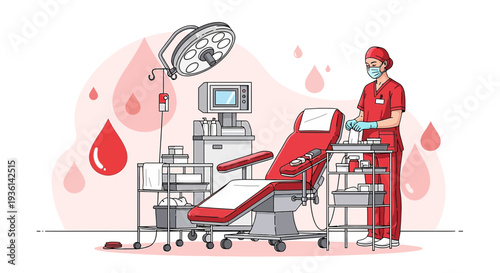 Blood Donation Center: Nurse and Medical Equipment for Blood Transfusion and Collection