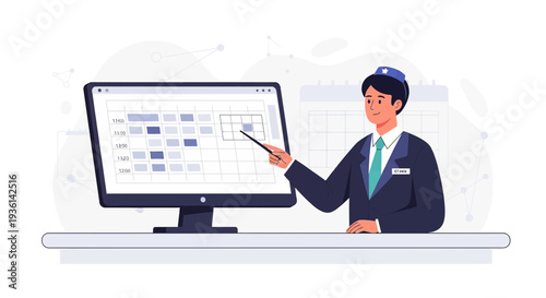 Business man pointing at calendar on computer screen, planning schedule, time management concept