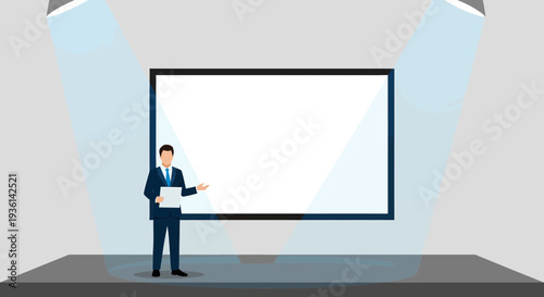 Businessman Presenting on Stage with Large Screen and Spotlights