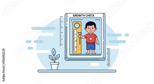 Child Growth Check: Kid Measuring Height with Stadiometer on Medical Chart Background