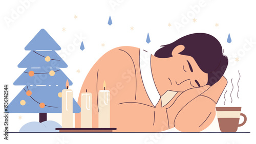Tired person rests their head on an arm next to burning candles and a blue Christmas tree while a steaming cup of coffee sits nearby.