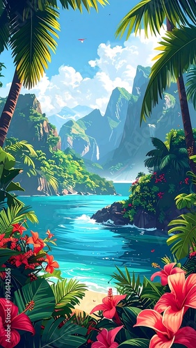 A tropical paradise with turquoise waters and lush greenery