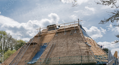 Valokuva Stork on a thatched roof – a good sign for prosperity and positive renovation