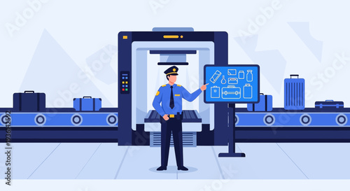 Airport security officer checks luggage on conveyor belt with X-ray scanner and monitor