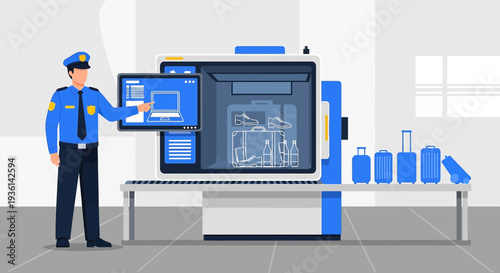 Airport security officer checking luggage on X-ray scanner, security check at airport