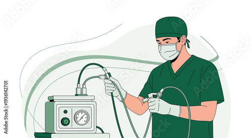 Anesthesiologist in surgical attire operating a ventilator in an operating room