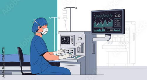 Anesthesiologist Monitoring Patient Vitals on Medical Equipment in Operating Room