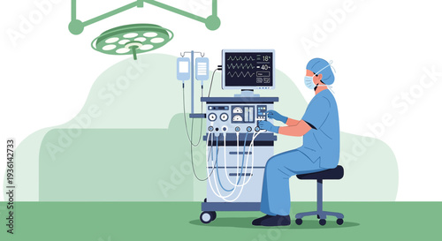 Anesthesiologist Monitors Patient Vitals on Medical Equipment in Operating Room