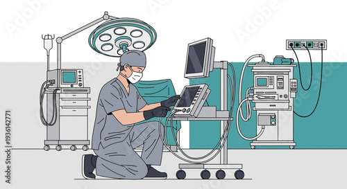 Anesthesiologist prepares medical equipment for surgery in operating room