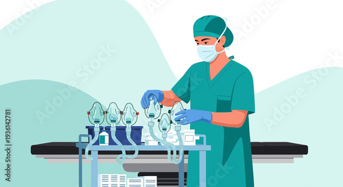 Anesthesiologist Preparing Medical Equipment for Surgery in Operating Room