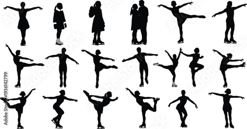 Ice skating silhouettes set with figure skaters performing spins jumps and poses isolated on white background winter sport vector illustration