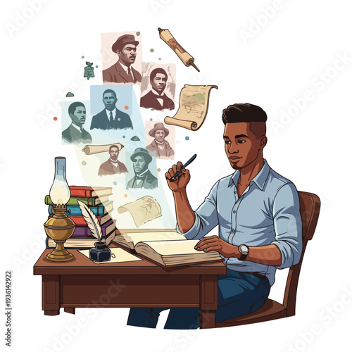 Man Writing at Desk with Historical Figures.