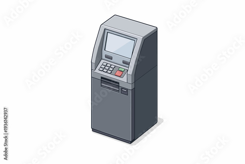 Isometric vector illustration of an automated teller machine (ATM), a self-service financial terminal for banking transactions and network interaction, depicting modern digital finance infrastructure