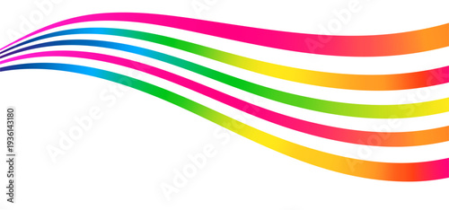 Vibrant Rainbow Gradient Lines Flow Across White Background. Dynamic Waves with Retro Perspective. Colorful Abstract Stripes in Playful Geometric Pattern.