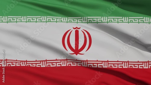 Iranian national flag with green, white, and red bands, central emblem, and Kufic script border, symbolizing identity and revolution.