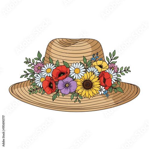 Straw Hat with Floral Embellishments and Leaves.