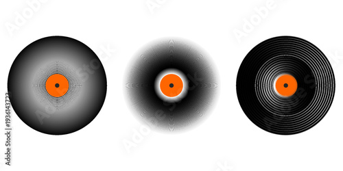 Set of vinyl records. LP or long play music plates for gramophone isolated on white background. DJ discs for techno party. 70s 80s 90s discotheque nostalgia concept. Vector flat illustration.