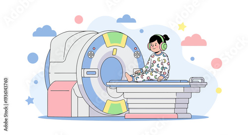 Child in pajamas with headphones sits on MRI machine bed, ready for scan