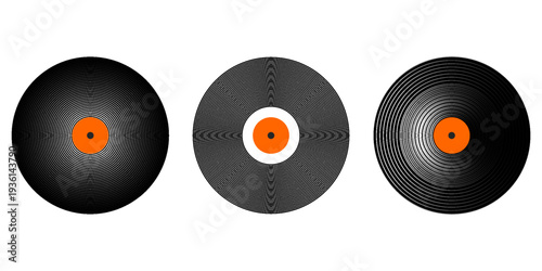 Set of vinyl records. LP or long play music plates for gramophone isolated on white background. DJ discs for techno party. 70s 80s 90s discotheque nostalgia concept. Vector flat illustration.