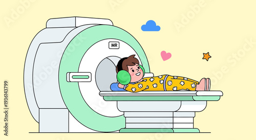 Child Patient Undergoing MRI Scan with Headphones, Medical Technology Illustration