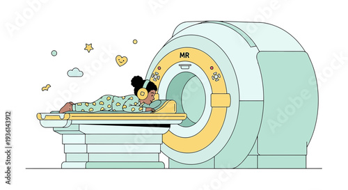 Child undergoing MRI scan with headphones, calm and relaxed in a medical setting.