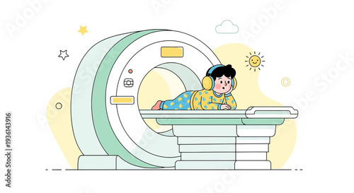 Child undergoing MRI scan with headphones, medical technology, healthcare concept