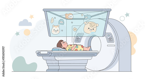 Child undergoing MRI scan with cartoon projection for comfort