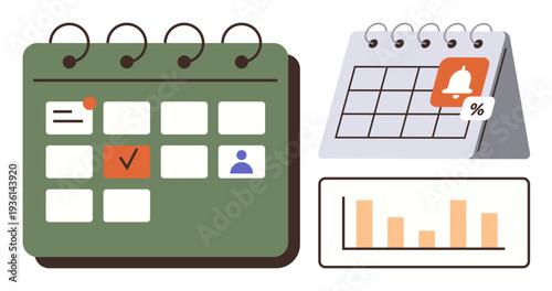 Time management, productivity, event planning, scheduling software, reminders, data analysis. A calendar with events, reminders and a bar chart. Time management and productivity concept