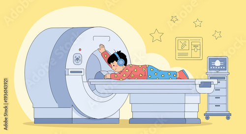 Child undergoing MRI scan with headphones, medical imaging technology, healthcare concept
