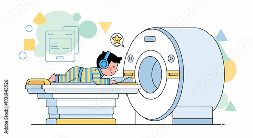 Child Undergoing MRI Scan with Headphones, Calm and Distracted by Tablet