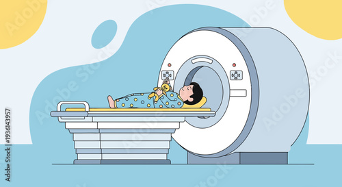 Child undergoing MRI scan with teddy bear, medical equipment, healthcare concept