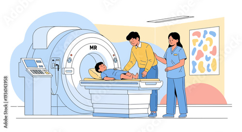 Child undergoing MRI scan with parent and medical professional in examination room