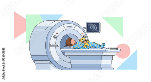 Child undergoing MRI scan with teddy bear, medical technology, healthcare illustration