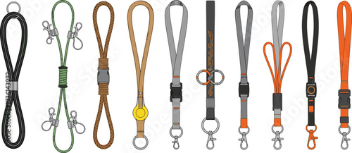 Lanyard strap collection with clips hooks buckles and key holders isolated vector set for ID badges keys accessories