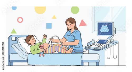 Child Undergoing Ultrasound Examination by Nurse in Medical Room