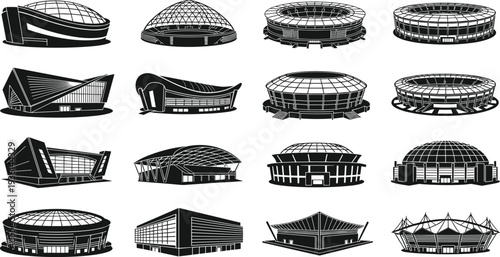 Modern stadium architecture silhouettes collection sports arena buildings vector set including domed stadiums indoor arenas and contemporary sport complexes