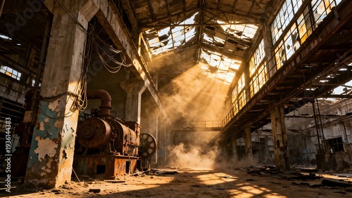 Sunbeams streaming through the broken roof of an abandoned industrial warehouse