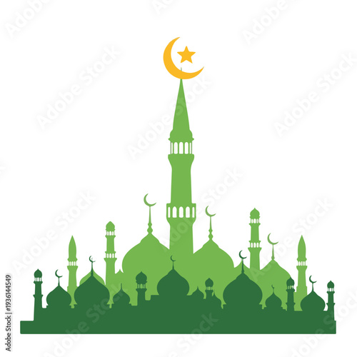 Mosque Silhouette with Crescent Moon Symbol.