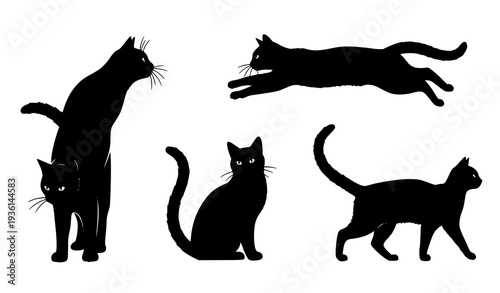 Black Cat Silhouette Collection in Dynamic Jumping and Standing Poses for Halloween Spooky Design