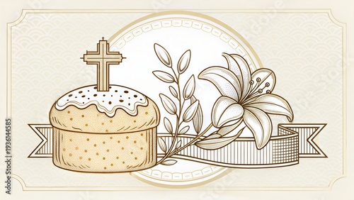 A traditional Easter illustration with a Kulich cake, cross, and lily flower. Religious holiday symbols in a vintage line art style for a greeting card